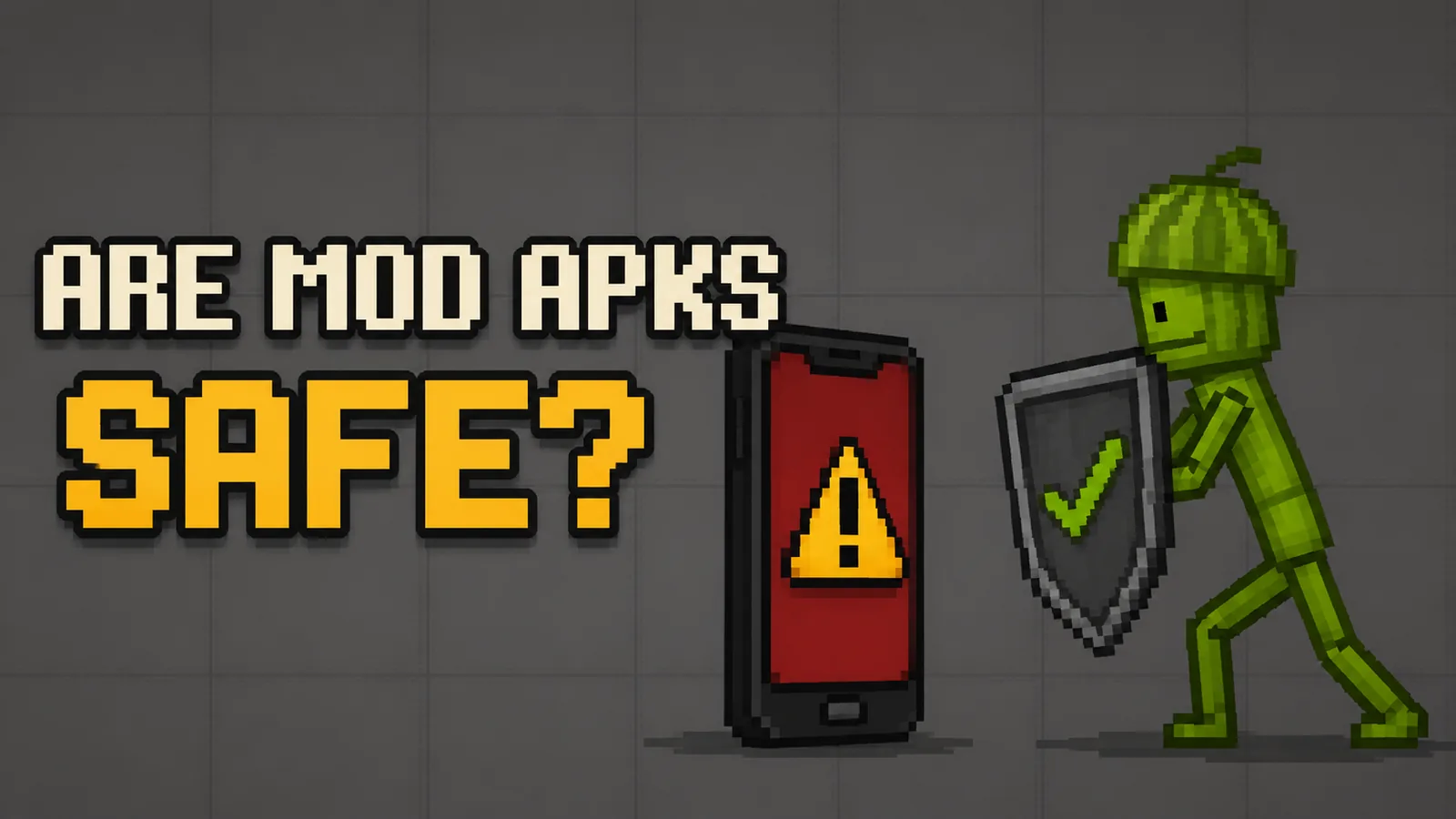 Melon Playground character with a shield facing a phone showing a warning